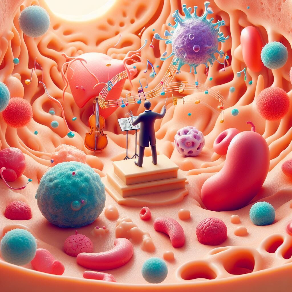 imagem mostra um regente em meio a células e patógenos do sistema imune. Uma das funções mais importantes dos linfócitos T é organizar a resposta imune contra patógenos, como um maestro rege uma orquestra.